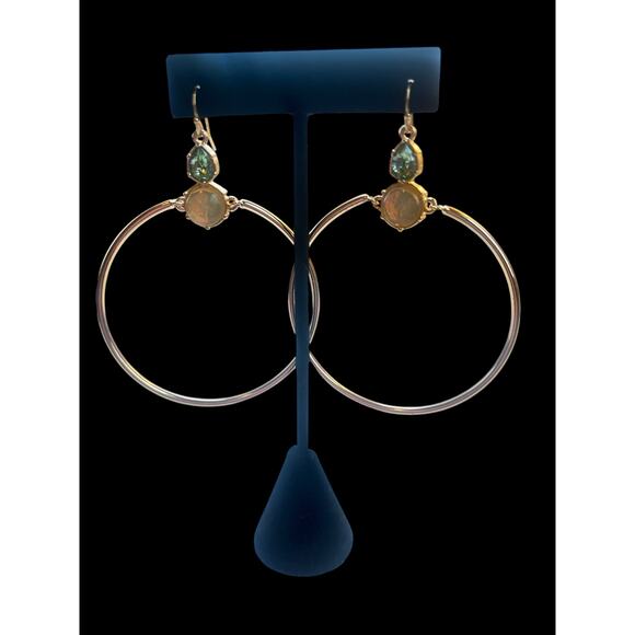 HOOP DANGLE GOLD TONE WITH IRIDESCENT YELLOW STONE LIGHT GREEN STONE EARINGS - Picture 1 of 8